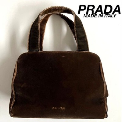  AUTHENTIC PRADA Velvet Velours Mini Tote Bag Brown Vintage Made in Italy