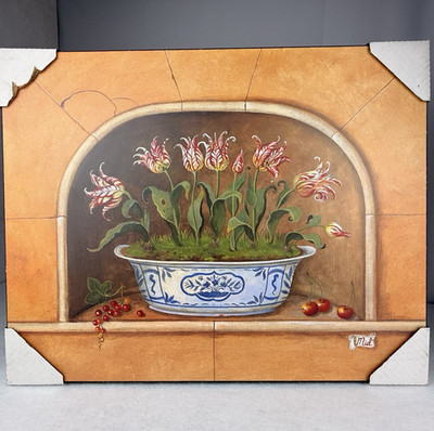 Stunning Trompe L oeil Wood Panel Still Life   Parrot Tulips in Chinoiserie Bowl