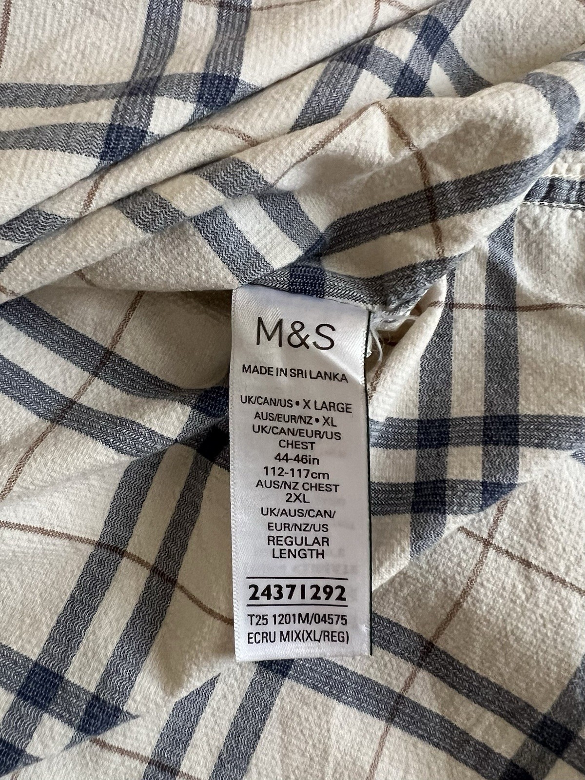 M&S Pure Cotton Check Shirt Men’s XL Regular Ecru Blue Long Sleeve Casual image 5
