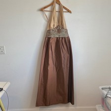 Talbots 100% Silk Halter Maxi Dress Womens Size 8 Brown Cream