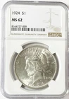 1924 $1 Peace Silver One Dollar US NGC MS62 Philadelphia