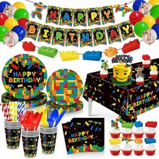 Building Block Birthday Party Supplies Set Plates Cups Napkins Balloons Tableclo
