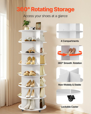 7 Tiers Rotating Shoe Rack Tower with Wheels, White