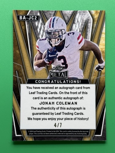 2024 Leaf Metal #BA-JC2 Jonah Coleman Auto Autograph #4/7 Washington Huskies - Bild 2 von 3