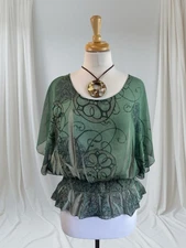 Whimsy Goth Peplum Blouse Green L Fairycore Boho Ethereal Enchanting Y2K Floral