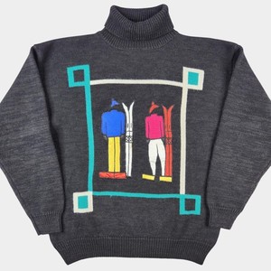 Vintage Mighty Mac Turtleneck Sweater Mens Large Black Retro Ski Embroidered