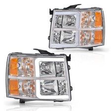 LED DRL Tube Headlights Silverado 1500 07-13 Chrome Housing Clear Lens W/O Bulb