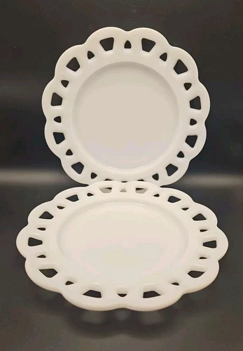 Vintage Hazel Atlas Open Lace Milk Glass Scalloped Plates 8 1/4" Set Of 5 1950s