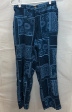 ERIKA BLUE Paisley LINEN BLEND COMFY DRAWSTRING PANTS SIZE M Zip Elastic Lounge
