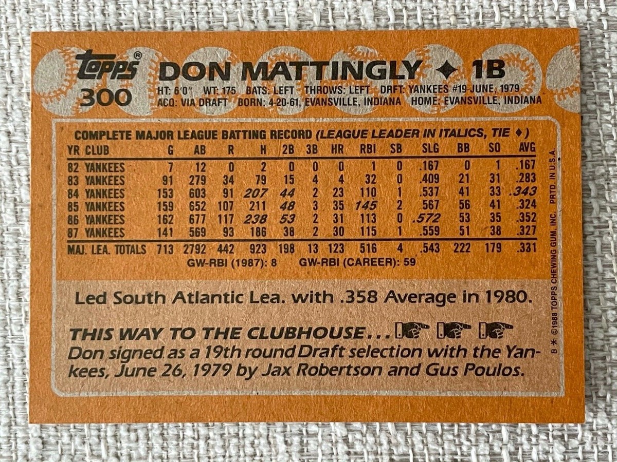 1988 TOPPS BASEBALL DON MATTINGLY CARD No.300 New York