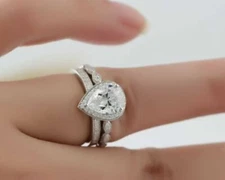 3Ct Pear Lab Created Diamond Engagement Bridal Ring Set 14K White Gold Finish