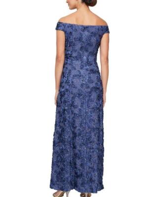 ALEX EVENINGS 16 Blue/Violet Rosette Off-The-Shoulder Gown NWT $259