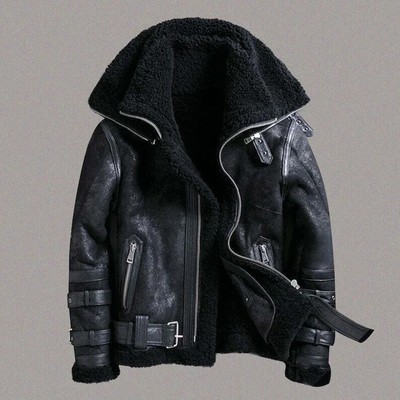 Men's B3 RAF Flight Bomber Aviator Real Sheepskin Leather Jacket Shearling Black