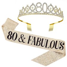 80th Birthday Sash and Tiara for Women Gold