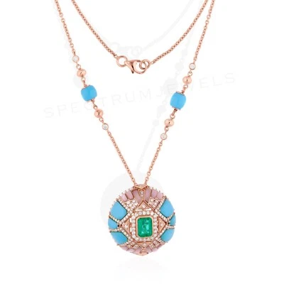 Spectrum Diamant Anhänger Kette 18k Roségold Pink Opal Smaragd Türkis Runde Pave - Bild 1 von 4