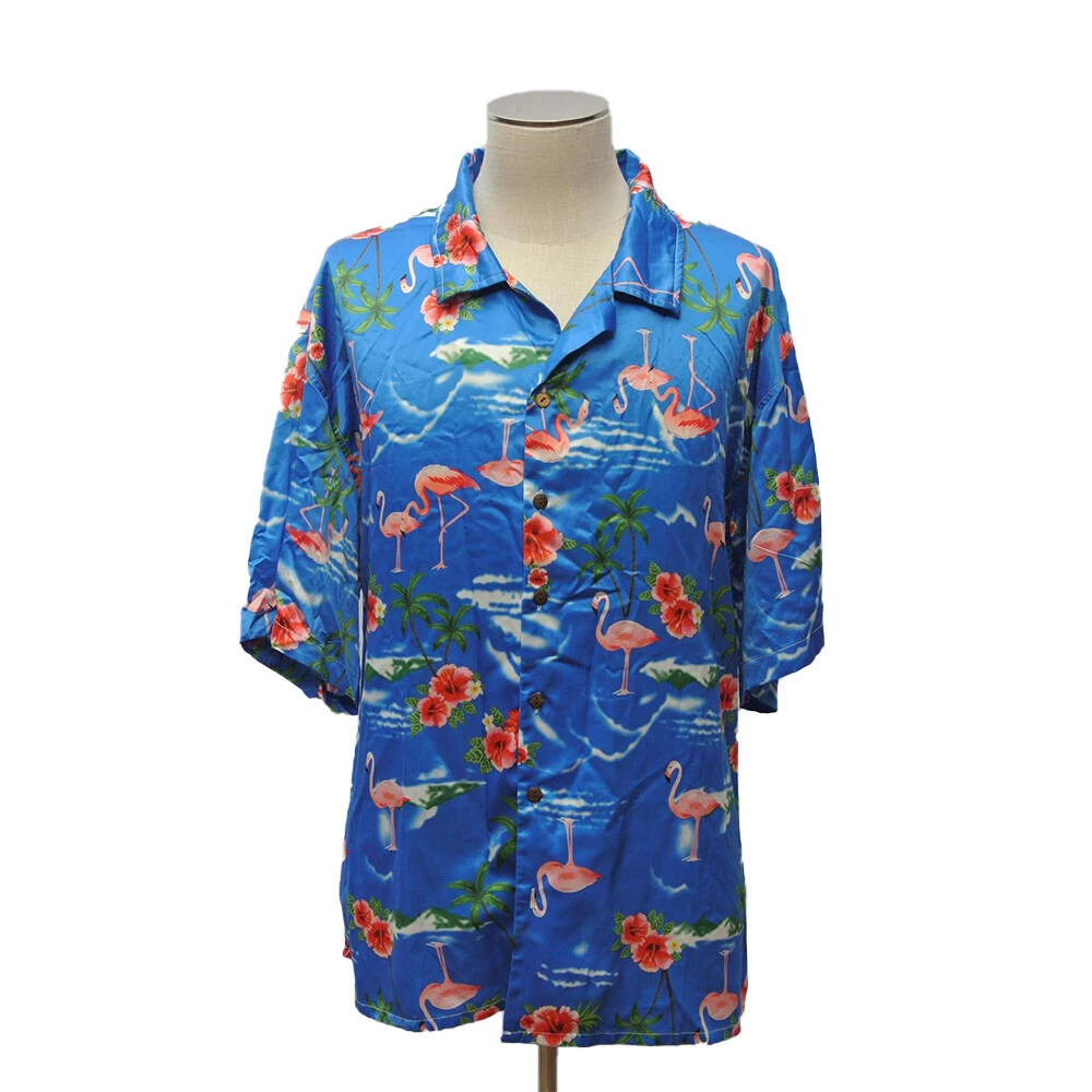 Hotouch Hawaiian shirt men's 3XL blue pink flamingos hibiscus