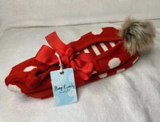 Mud Pie Womens Slippers Size Small Red Polka Dot Knit Faux Fur Puff Pom Pom New