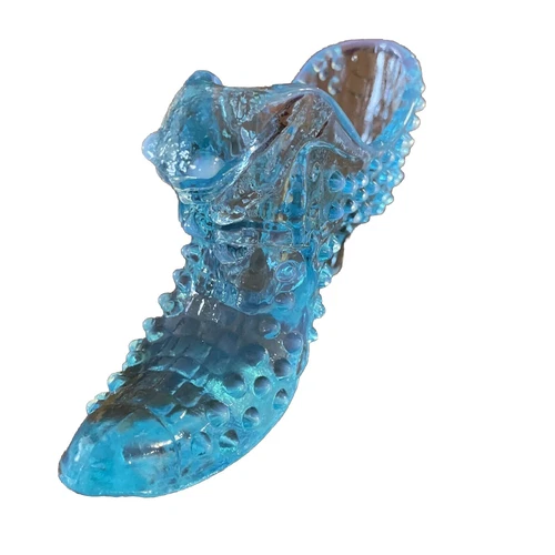 Fenton Art Hobnail Glass Turquoise Shoe Victorian Slipper w/Cat Head 5.5” Vtg.