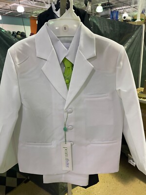 childrens Suit. White, lime vest and tie, white shirt.  Size 8. NEW never worn. 