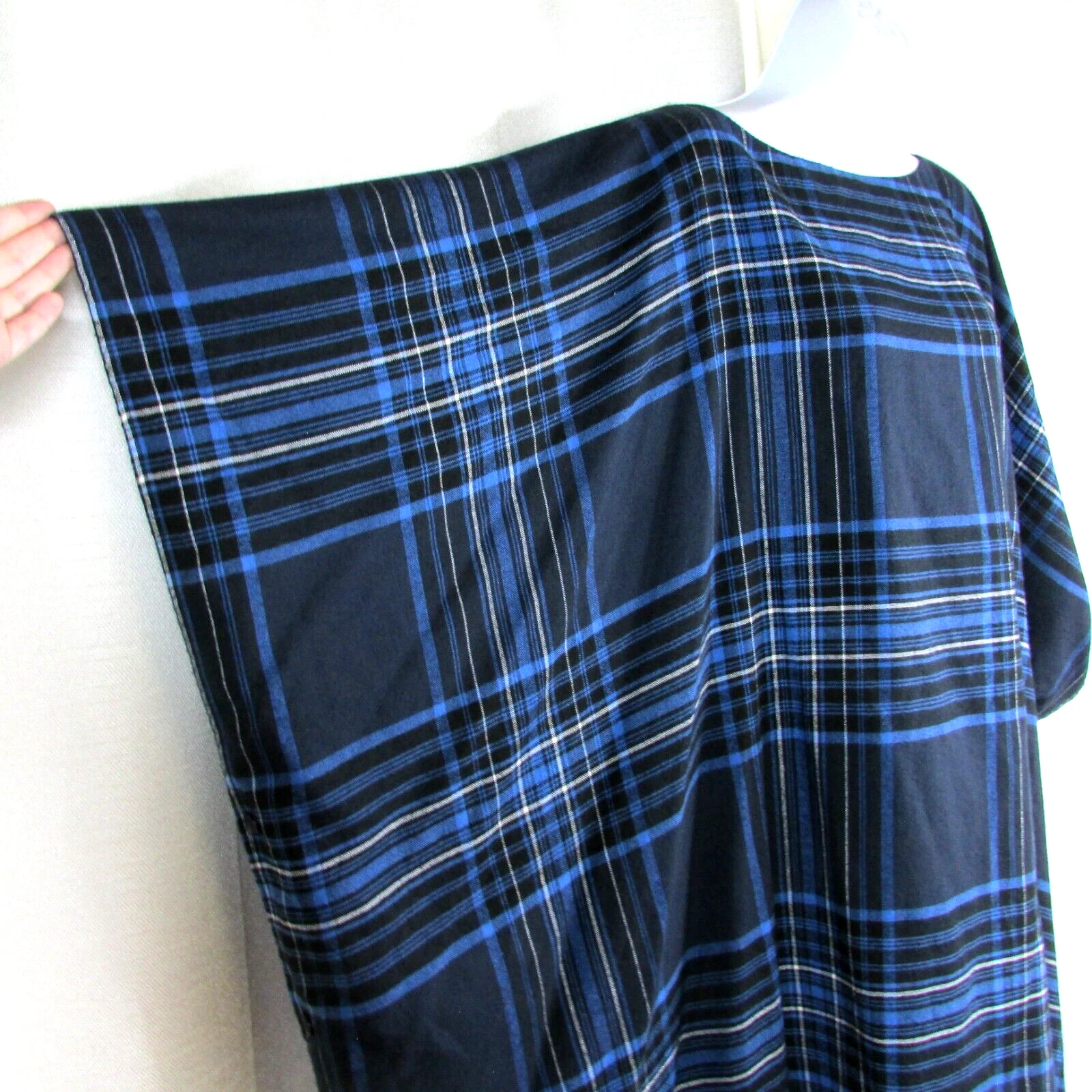 DKNY Plaid Poncho Cape Fringe Soft Cozy Button Sides ONE SIZE Blue Black Wrap