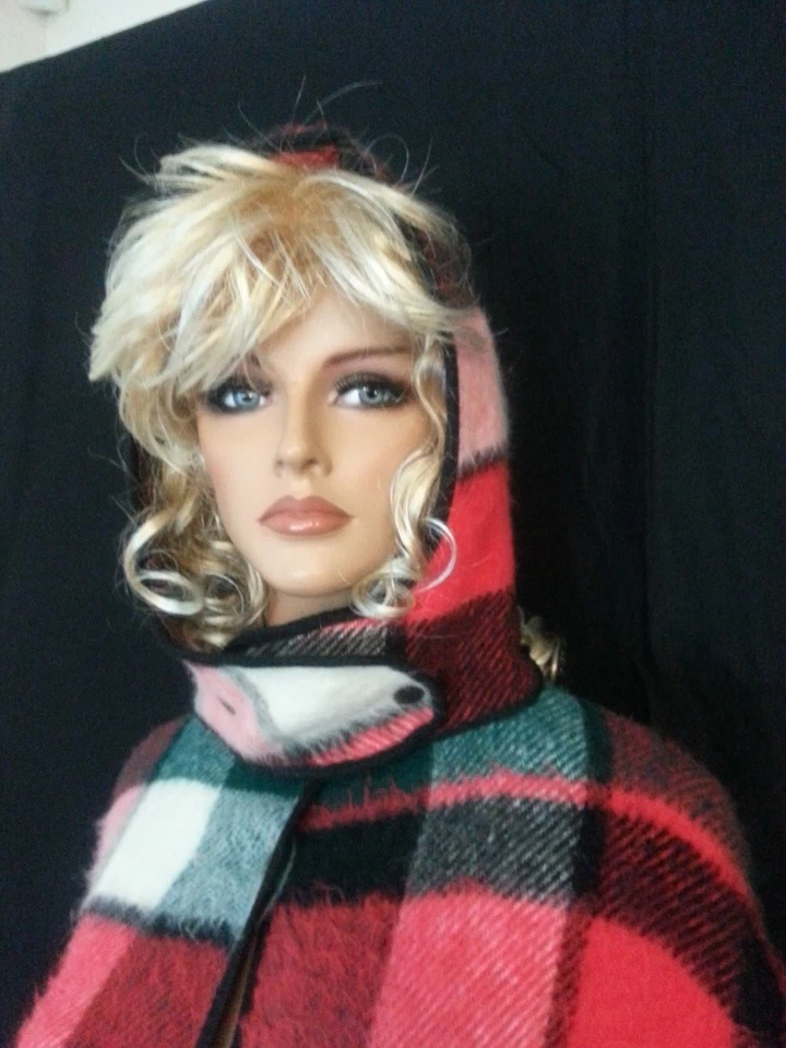 Poncho de Colección Años 70 Largo a Cuadros Capa Abrigo Abrigo Manta Abrir Desprendimiento Capucha Difusa Talla Única Foto 2 de 4