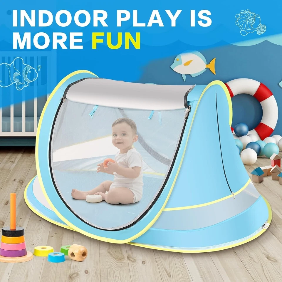 Tienda de playa grande para bebé tienda de playa emergente parasol para playa portátil bebé azul Foto 2 de 4