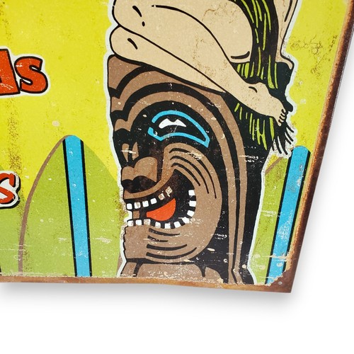 Retro Tiki Hut Tin Sign, Surf Sand Suds, Barfly in Grass Skirt, 12.5" x 16" - Picture 3 of 8