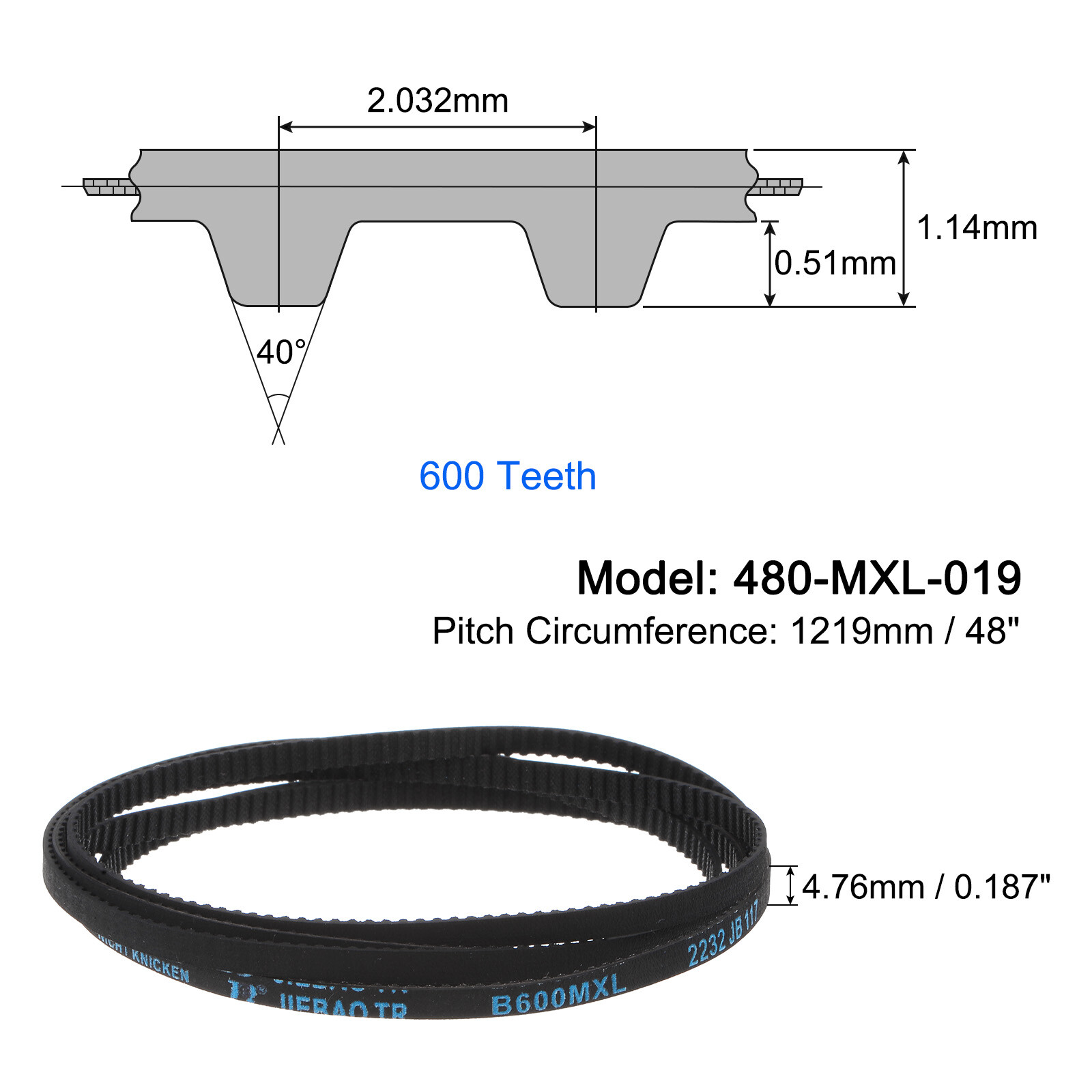 480MXL019 Closed Loop Rubber Timing Belt 48" Length, 0.187" Width