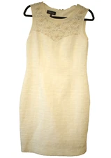 Ricki Freeman Teri Jon Women's Size 8 Dress Boucle Sleeveless Ivory Floral Yoke