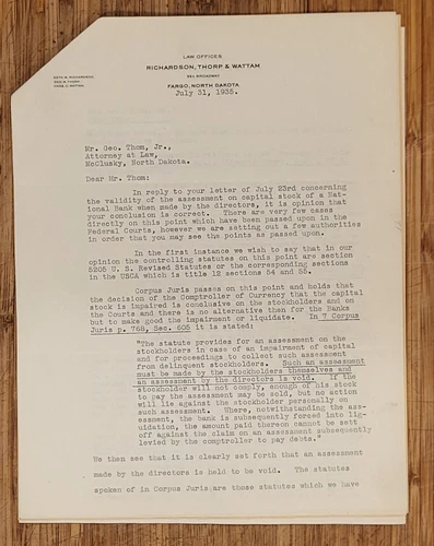 Letterhead 1935 North Dakota Fargo Richardson Thorp & Wattam Attorney at Law