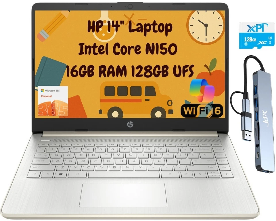 Portátil HP 14" HD Intel N150 16 GB 256 GB Cámara web Office 365 Acoplamiento + 128 GB microSD