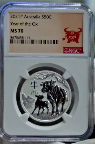 2021 P Australia 50c 1/2 oz. Silver Year of the Ox NGC MS70.