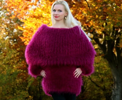 Dark purple cowl neck fuzzy mohair sweater thick dress handmade fluffy tunic XL