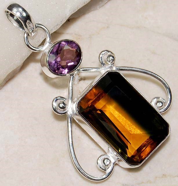 4CT Natural Tourmaline Quartz & Amethyst 925 Sterling Silver Pendant @11-6