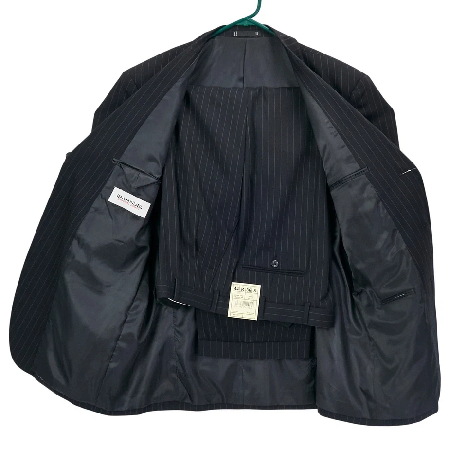 Emanuel Ungaro Emanuel 男式黑色细条纹羊毛套装 44R 夹克裤子 36W 2 件 — 第 2/4 张图片