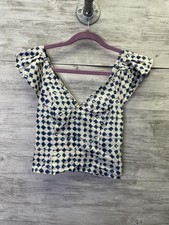 Madewell Tank Top Womens 00 Blue Cropped Strappy V-Neck Ruffle Cotton Smocked