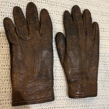 Vintage/Antique  Old Children's Brown Leather Lined Gloves Button at wrist