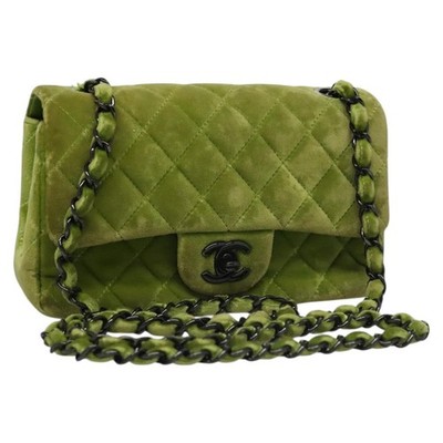 CHANEL Mini Matelasse 20 Single Flap Chain Bag Velor Green CC Auth