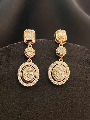 Pave 1.25 TCW Round Baguette Cut Diamonds Dangle Earrings Hallmark 14K Rose Gold - Picture 11 of 15