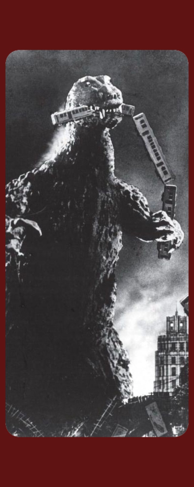 Godzilla Eating a Train - Laminated Photo Bookmark - 2.5 x 6 in