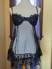 Vintage Y2K Victoria's Secret Black Sequin Polka Dotted Babydoll Lingerie 36C/M