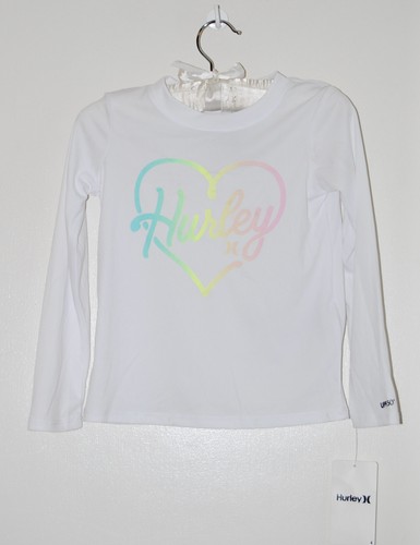NWT Hurley Little Girls White Long Sleeve Rainbow Heart Logo Rash Guard sz 4