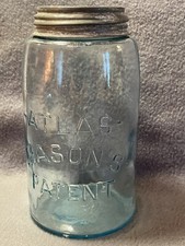 Antique Atlas Mason's Patent Blue Glass Quart Canning Jar American Zinc Lid 7" T
