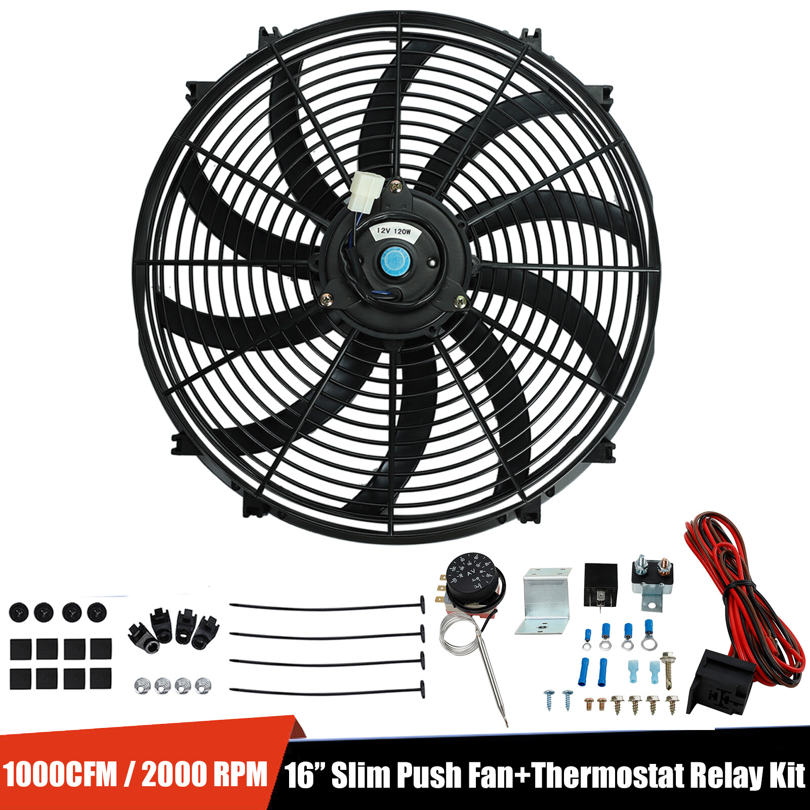 Radiator 12V Fan Thermostat Control Relay Wire+16"Slim Push Pull