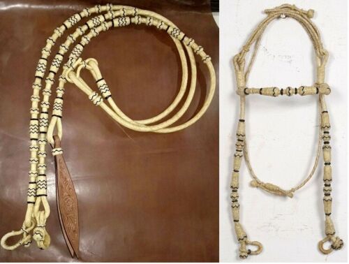 Set of Hand Braided Rawhide Show Romel Romal Reins with Matching Headstall 02 - Picture 1 of 6