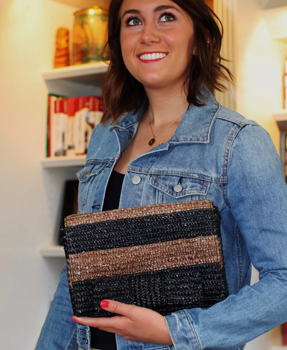 KATE SPADE BOW BRIDGE STRAW KALEY BLACK BROWN SHOULDER BAG CLUTCH WOVEN WICKER