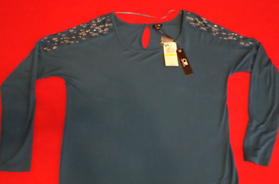 NEW~CABLE & GAUGE BLUE VISCOSE STRETCH BOAT NECK LONG DESIGN SLEEVE TOP SZ MED
