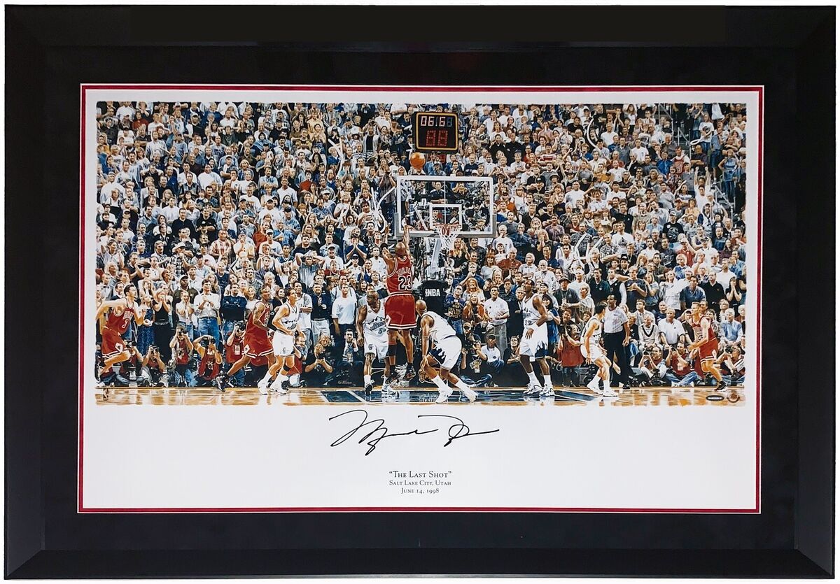 Michael Jordan Autographed Bulls Last Shot 22x36 Photo UDA Michael Jordan Autographed Bulls Last Shot 22x36 Photo UDA
