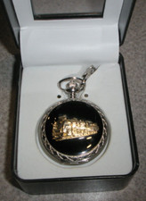 New Consort Gold Railroad Train, Black Enamel double faced Pocket Watch in case