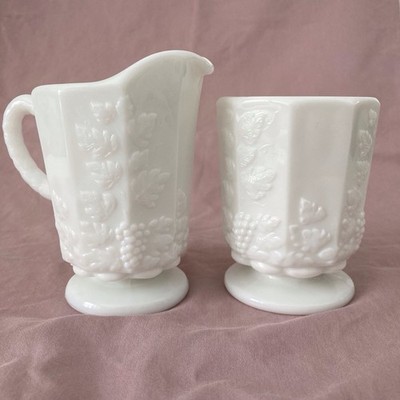 Vintage Westmoreland Milk Glass Creamer And Sugar Bowl Set, Paneled Grape, White
